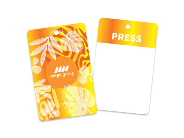 Yellow custom PVC name badge card with full color print and AMGS Group branding.