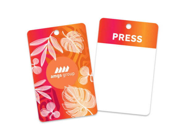 Orange custom-printed name badge card for conferences and staff identification. AMGS Group.