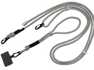 An elegant personalized 2-in-1 lanyard in gray with two carabiners - a high-quality, customizable promotional accessory for professional branding. Discover the customized solutions from AMGS Group.