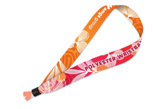 Personalized polyester wristband with full-color sublimation print for events and promotions.