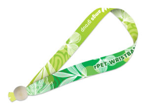 Green eco-friendly rPET promotional wristband with botanical patterns and custom logo print – perfect for large-scale events.