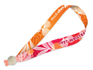 Eco-friendly rPET wristband with sublimation print and wooden clasp, featuring pink-orange patterns – perfect for sustainable events.