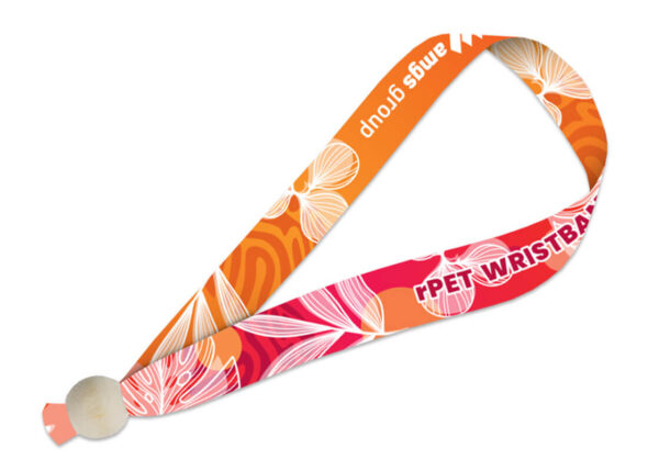 Eco-friendly rPET wristband with sublimation print and wooden clasp, featuring pink-orange patterns – perfect for sustainable events.