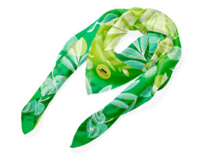 Personalized scarf with a green-toned print featuring leaf designs. Perfect for concerts and corporate events. AMGS Group.