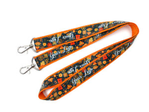 Embroidered lanyard with two hooks and sublimation print. Available exclusively at AMGS Group.