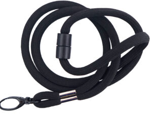 Black tubular lanyard with safety breakaway, made of round polyester strap with sublimation print from AMGS Group.