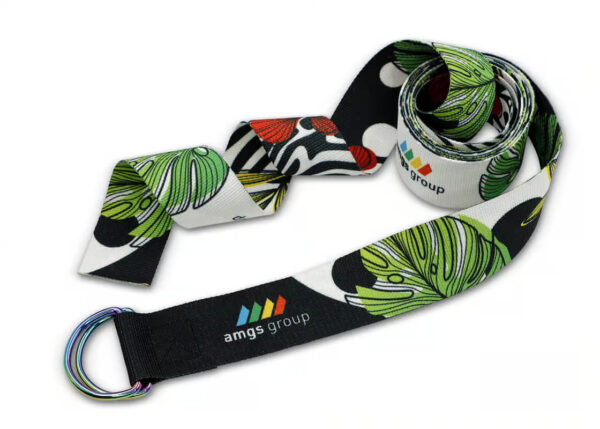 Custom yoga strap with full-color sublimation print - AMGS Group branding.