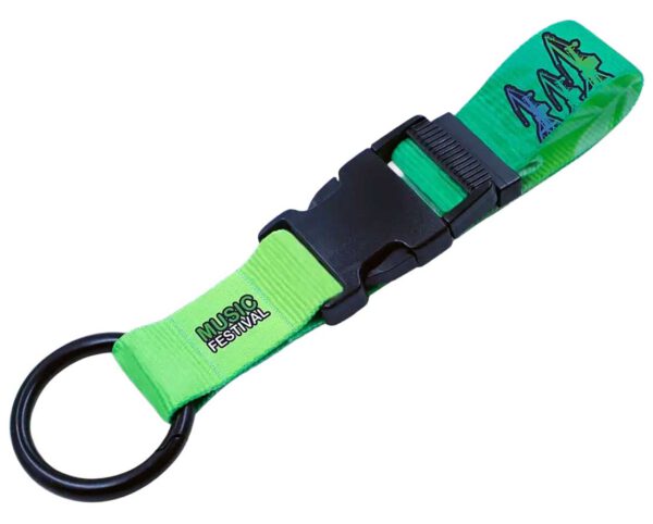 Green mounting lanyard with connector, made of durable polyester tape, featuring a black buckle and a round metal ring. Full-color sublimation printing available. Available at AMGS Group.