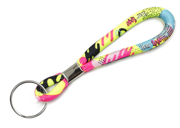 A tubular keyring lanyard featuring a metal keyring, ideal for secure key organization.
