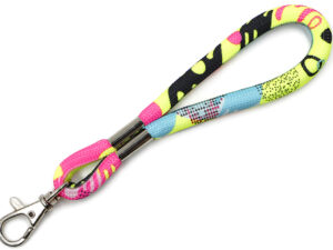 Short tubular keychain with metal carabiner, made of polyester strap with sublimation print from AMGS Group.