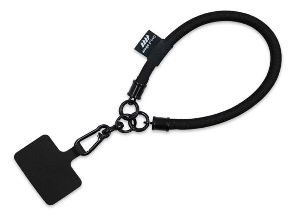 Short, black tubular lanyard (15 cm) for wrist with logo print.