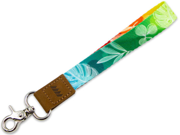 Premium rPET lanyard with leather accent, metal clasp, and embossed logo - a stylish and sustainable promotional solution for businesses committed to excellence.