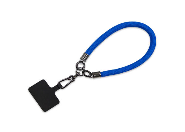 Personalized short tubular lanyard with print. Ideal for the wrist, blue. For phone use. Available at AMGS Group.