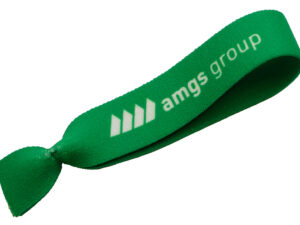 Custom Elastic Hair Ties. Green twistband-style hair tie and wristband with sublimation logo print.