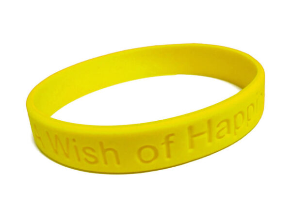 Custom AMGS Group silicone wristbands in Pantone yellow and beige with screen-printed logo.