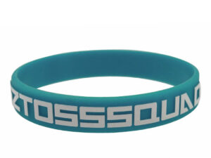 Teal-colored silicone bracelet with raised white logo for promotional use