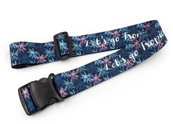 Vibrant personalized luggage strap with a tropical design, featuring floral patterns and the phrase “Let's go Tropical” in white text. Ideal for travel and promotional use. Made from high-quality ribbed polyester. AMgs Group.