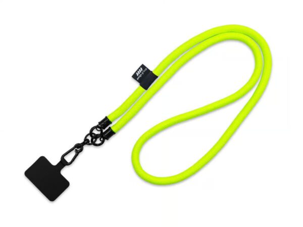 Neon tubular lanyard, long and worn around the neck, with phone adapter – a promotional gadget from AMGS Group.