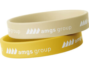 Yellow silicone wristband with debossed text – personalized promotional bracelet.