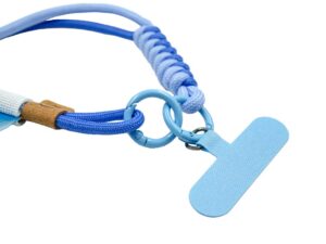 Short braided paracord lanyard closeup and details on rings and phone holder. Color available from the Pantone palette (blue). Available at AMGS Group.