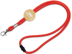 Premium cotton lanyard with a wooden tag, safety breakaway, and metal carabiner – a sustainable and functional promotional product.
