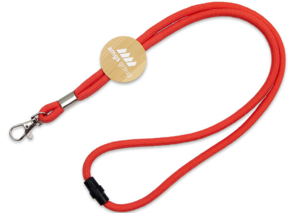 Premium cotton lanyard with a wooden tag, safety breakaway, and metal carabiner – a sustainable and functional promotional product.