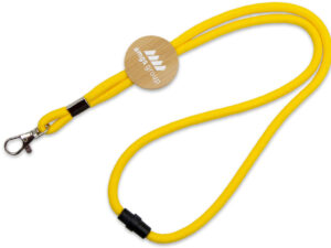 Lanyard made of cotton cord with a wooden tag and safety breakaway in yellow. Available at AMGS Group.