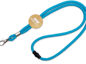 Eco-friendly cotton lanyard featuring a wooden tag, safety breakaway, and durable metal carabiner. Perfect for sustainable branding.