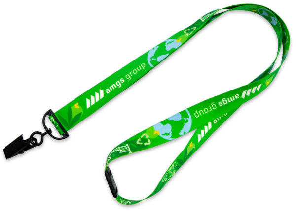 Green promotional seamless rPET lanyard with breakaway for safety, perfect for different workplace settings.
