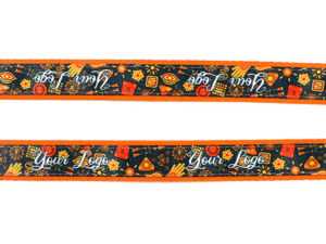 General view of the embroidered lanyard with two hooks and sublimation print in autumn colors. Available exclusively at AMGS Group.