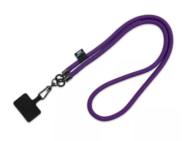 Long purple tubular lanyard with metal carabiner and phone adapter featuring the company logo.