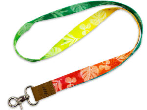 Stylish rPET long lanyard with leather accent, metal clasp, and embossed logo, perfect for corporate branding and events.