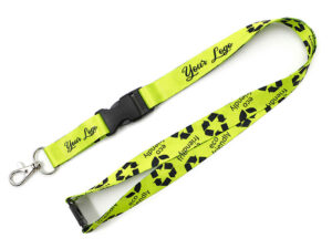 A lanyard with a connector and breakaway clip from AMGS Group. An eco-friendly, neon-colored lanyard.