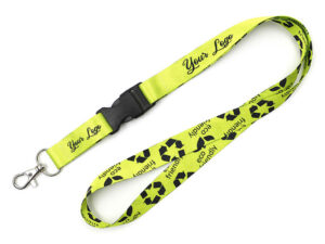 rPet lanyard with a connector, featuring a neon print and eco-friendly text. Available from AMGS Group.