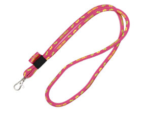 Red tubular polyester lanyard with sublimation print and metal carabiner from AMGS Group.