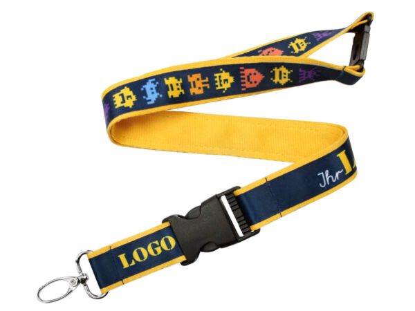 Double-layer lanyard construction with sublimation print, quick-release connector for keys, and safety breakaway, from AMGS Group.