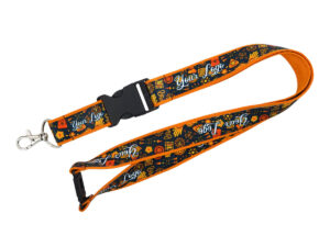 A sewn-on lanyard with a sublimation print, double-layer construction, a connector for easy key removal and a safety break from AMGS Group.