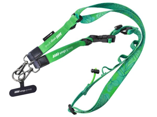 Personalized 5-in-1 multifunctional lanyard featuring a secure phone holder, sturdy metal carabiner for keys or badges, and customizable printing. Made from durable material, it keeps essentials at hand and showcases your logo or artwork. Available at AMGS Group.