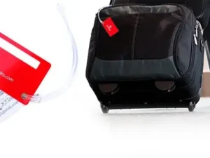 Personalized PVC luggage tag for travel - printed luggage ID label with strap.