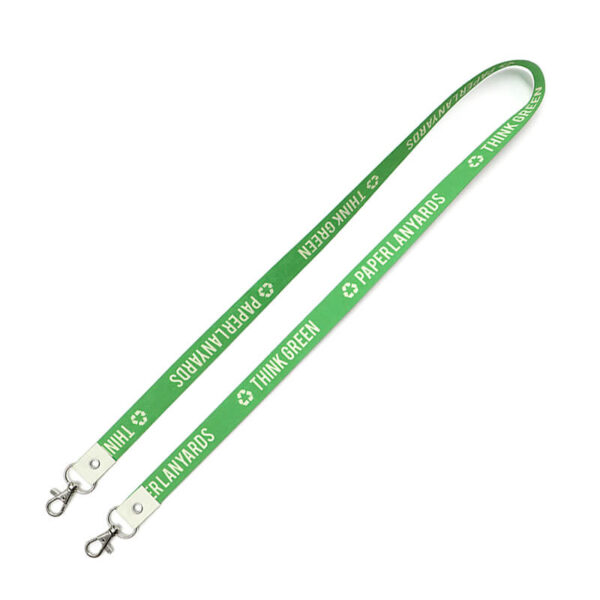 Waterproof paper lanyard with two carabiners, general view. Printed using sublimation technology. Available at AMGS Group.