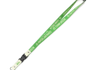 Green waterproof paper lanyard with breakaway and quick-release connector, featuring sublimation print. Available at AMGS Group.