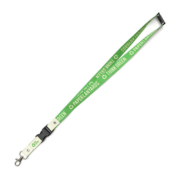Green waterproof paper lanyard with breakaway and quick-release connector, featuring sublimation print. Available at AMGS Group.
