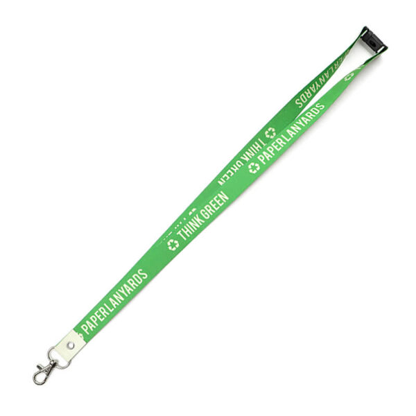Oeko-Tex sustainable green lanyard made of waterproof paper (washpaper), equipped with a breakaway safety clasp. Available with single- or double-sided sublimation print. Offered by AMGS Group.