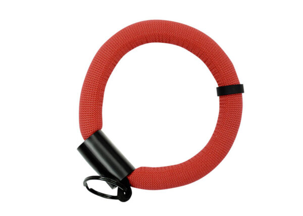 Short floating wrist strap with logo for keys, featuring a print area. Red color with metal black clasp. Available at AMGS Group.