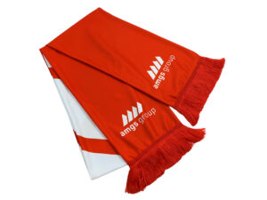 Double-sided red and white supporters’ scarf with AMGS Group logo on both ends and long tassels.