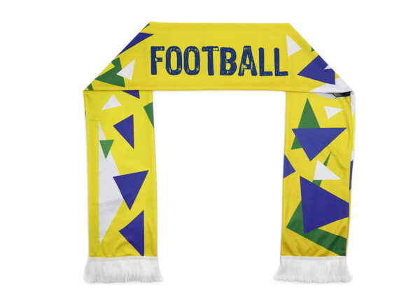 Yellow football scarf with bold FOOTBALL lettering and multicolour geometric artwork, finished with white tassels.