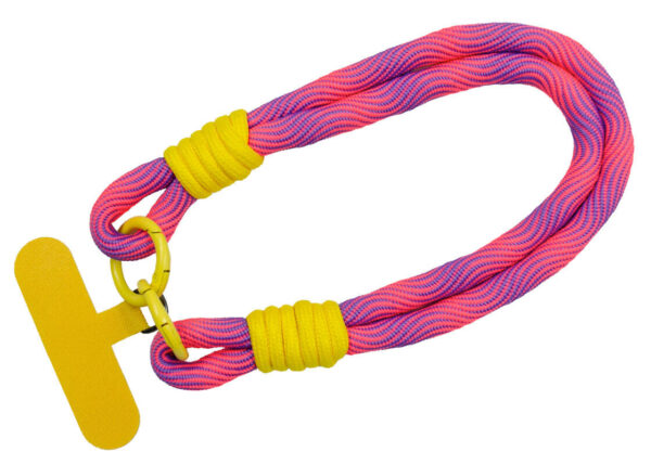 Personalized paracord lanyard with phone holder. Adjustable lanyard in pink shades. Yellow phone adapter. Available at AMGS Group.