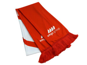 Red sports scarf by AMGS Group with vivid colour, clear logo and soft tassels.