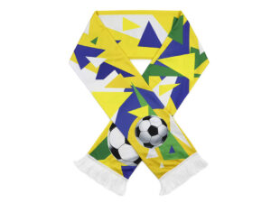 Sports scarf in Brazilian style with geometric artwork and a football motif, finished with white tassels.