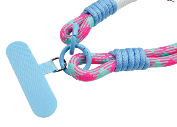 Personalized braided paracord lanyard with phone holder. Adjustable lanyard with a blue phone adapter. Close-up of the knots and attachments. Available at AMGS Group.
